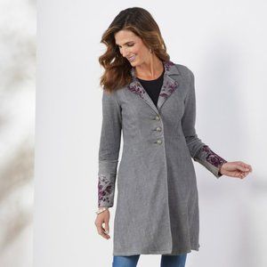 NWT MSRP $200 Soft Surroundings Grandeur Jacket Long Grey Purple Embroidered Med